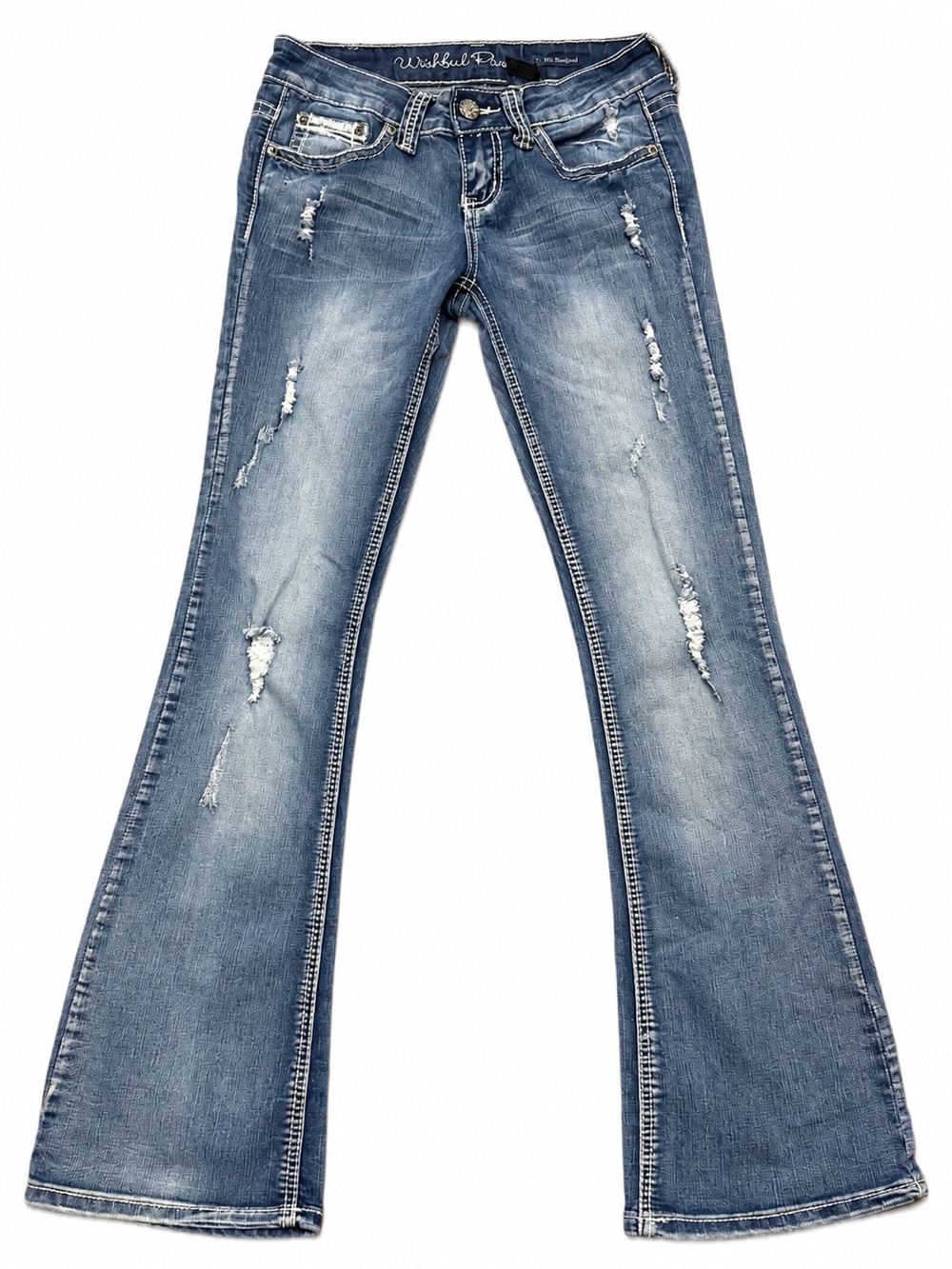 Wishful Park Low Rise Jeans 100% Cotton Distressed Faded Bootcut Distressed Sz 3